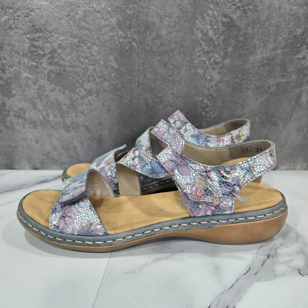 Rieker Antistress Regina C7 Floral Metallic Leather Sandals Womens 38 US 7.5